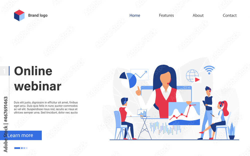 Online webinar, remote education vector illustration. Cartoon modern landing page for web distance training course, video call on videoconference with teacher and business people students training
