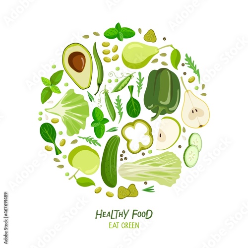 Healthy food. Eat green. Vegetables, fruits, greens in round isolated on white. Fresh organic food for menu, banner for healthy eating. Eat colors for your health. Rainbow of fruits and vegetables