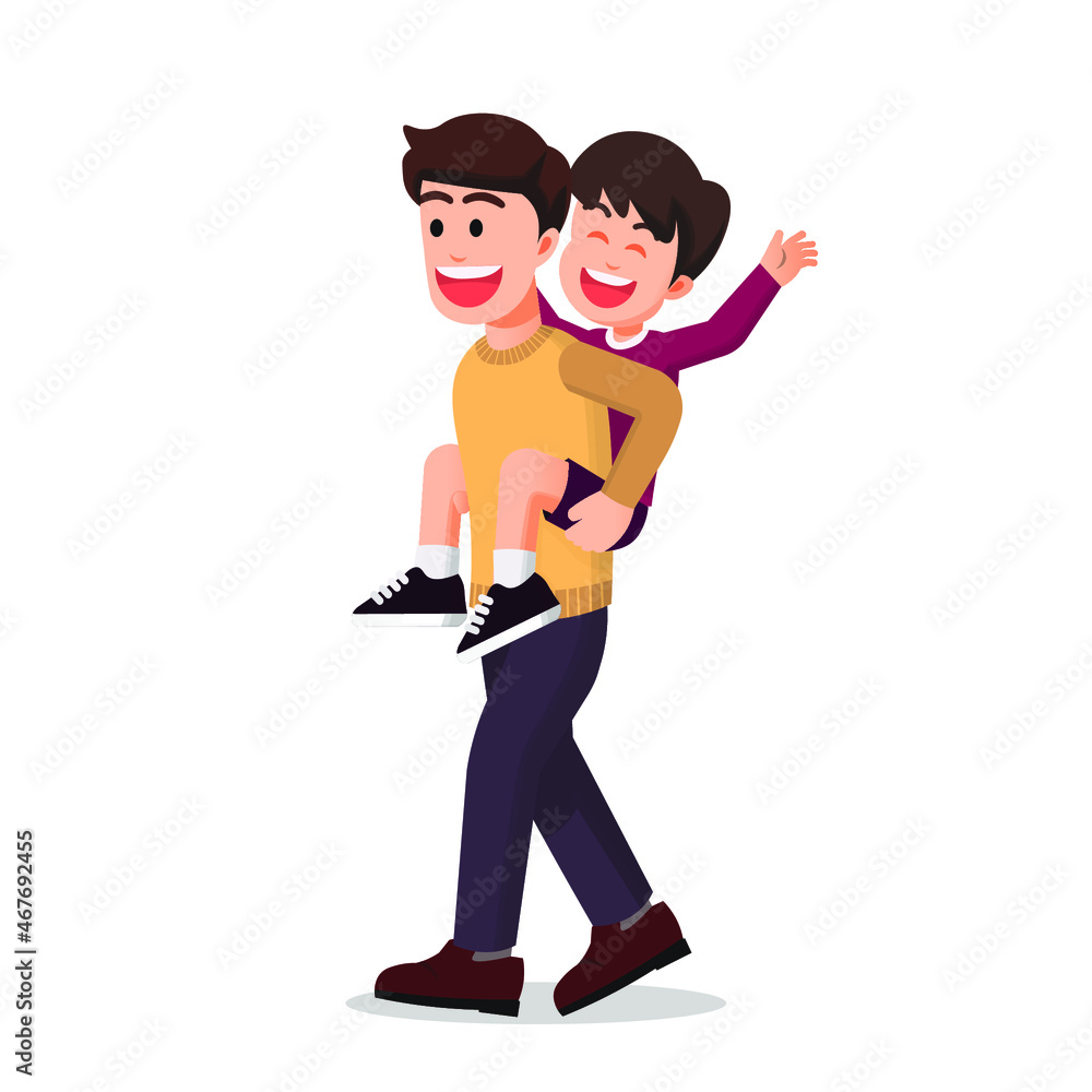 Happy father gives piggyback to his son Happy father gives piggyback to his son