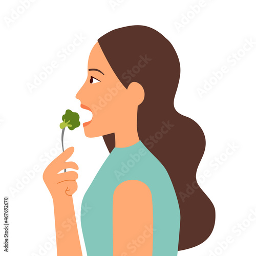 Woman eating vegetable in flat design on white background. Healthy food for good health.