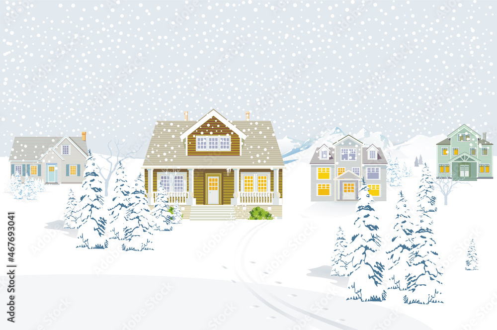Landhäuser zu Weihnachten in der Schneelandschaft