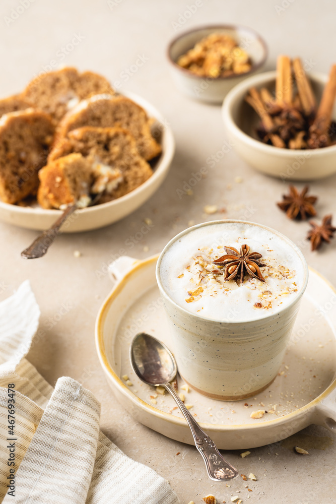 cup of coffee with milk and chocolate, carrot cake cup of coffee with milk and chocolate, carrot cake