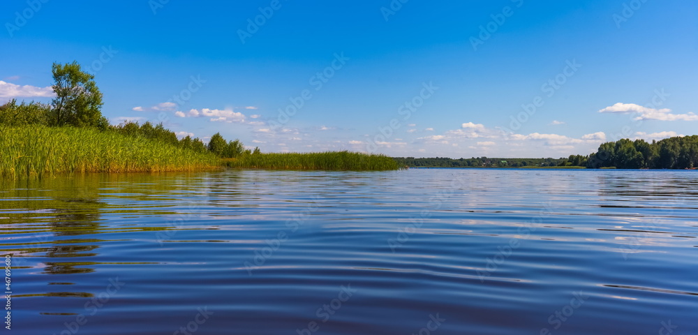 Summer landscape with river, grass, shrubs, willow tree and blue sky with white clouds Summer landscape with river, grass, shrubs, willow tree and blue sky with white clouds