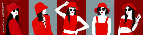 Hand drawn Fashion woman wearing hat and sunglasses illustration Vector