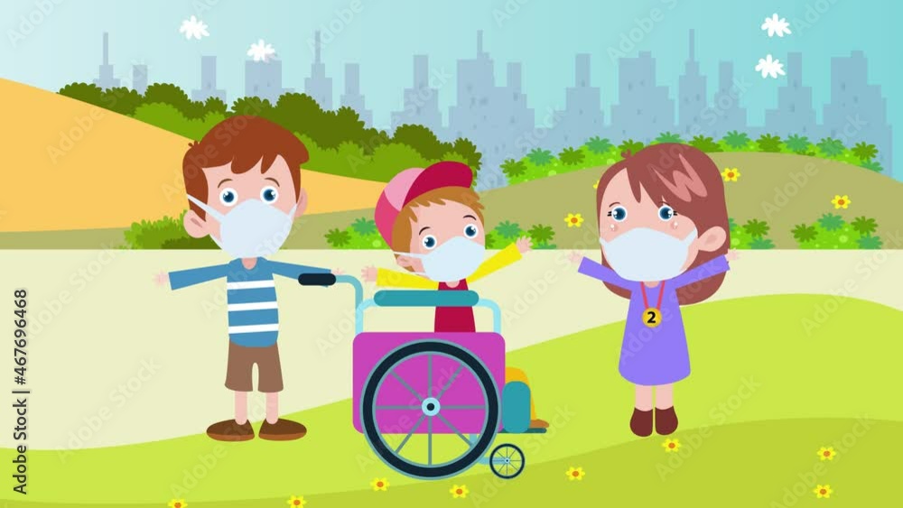 Disabled little boy playing with his friends at park Disabled little boy playing with his friends at park