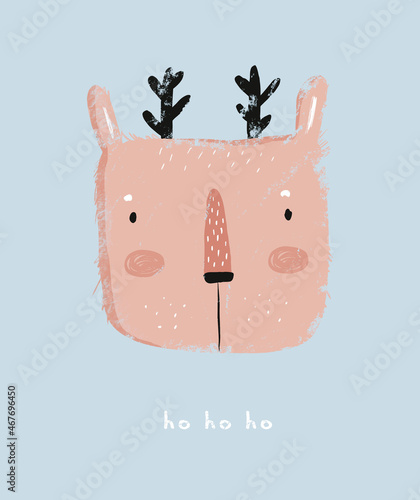 Simple Hand Drawn Vector Illustration with Cute Deer. Infantile Style Grunge Christmas Print ideal for Wall Art, Poster, Card. Funny Reindeer on a Pastel Blue Background. Woodland Party.