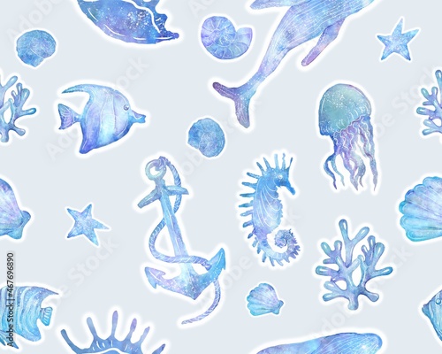 Seamless watercolor background inhabitants of the deep sea, baby wallpaper