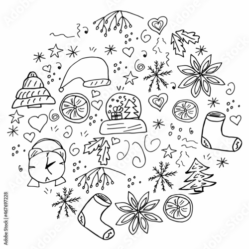 set of hand-drawn Christmas elements in the style of doodles for conceptual design. vector illustration isolated on a white background.The time of the Christmas celebration, decorations, magic