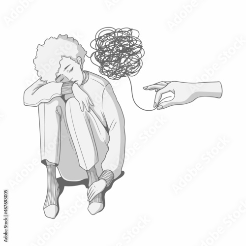 Human hand helps woman with mental problems. Psychological help for mental disorders concept. Vector hand drawn illustration of emotional and psychological support. Mental health care.