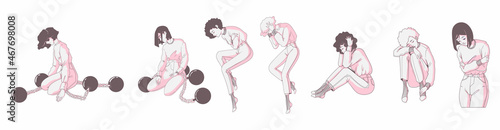 Young women with mental disorders. Hand drawn vector illustration of girls with depression and burnout in cartoon style. Theme of frustration, depression, psychotherapy. Mental health concept.