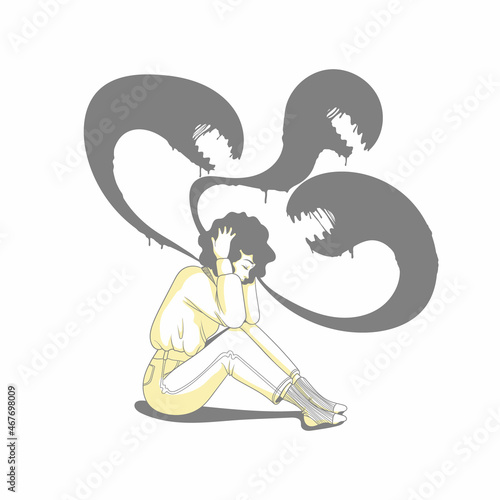 Lonely young girl is sitting, clutching her head. Mental Health and mental disorder concept. Exhausted hand drawn cartoon character isolated on white background. Depression and apathy vector art