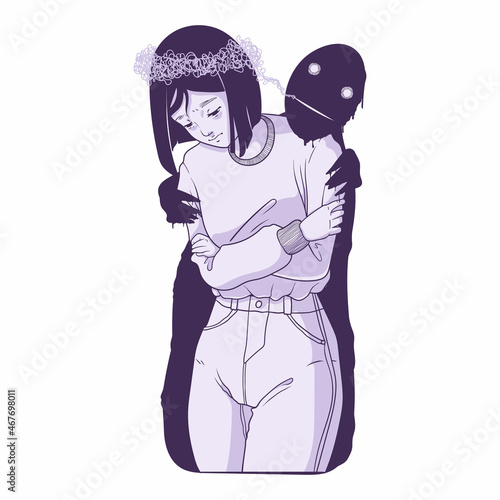 Young woman with depression and obsessive thoughts. Mental Health concept. Exhausted hand drawn cartoon character isolated on white background. Mental disorder vector illustration.