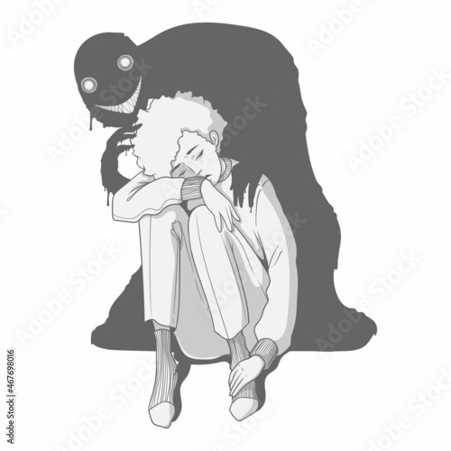 Lonely young girl with mental disorder hugging knees. Mental Health concept. Exhausted hand drawn cartoon character isolated on white background. Psychological disorder, apathy vector illustration.