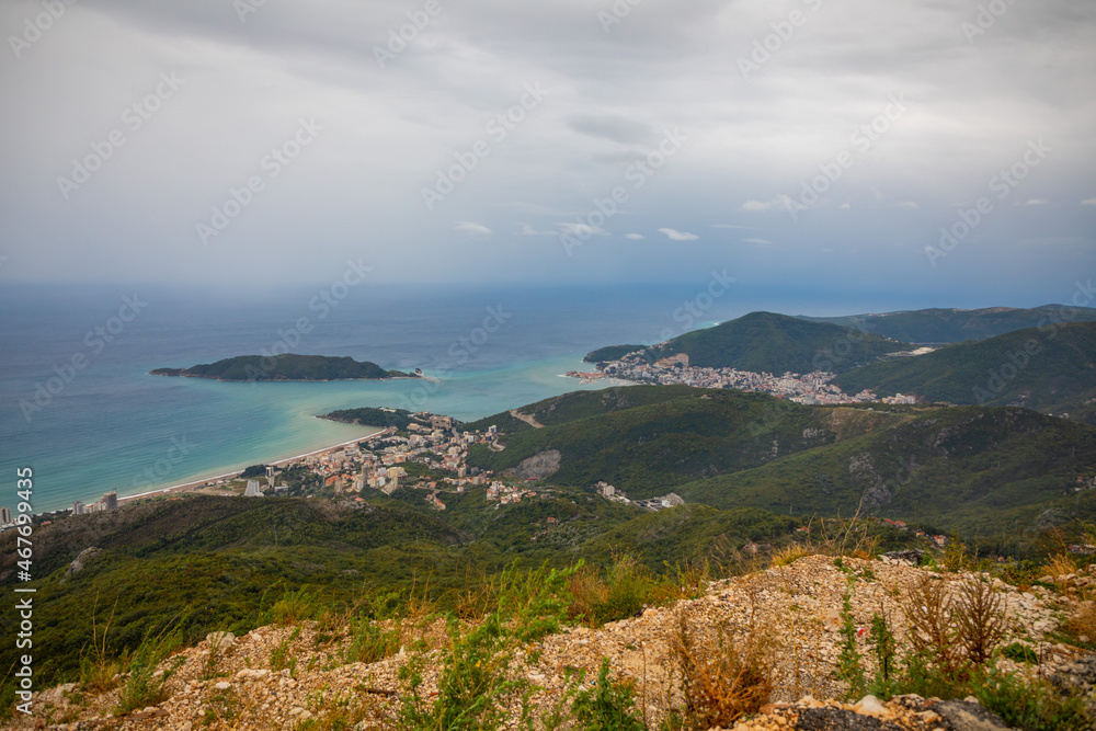 Fototapeta premium Summer Budva riviera coastline panorama landscape in Montenegro. View from the top of the mountain road.