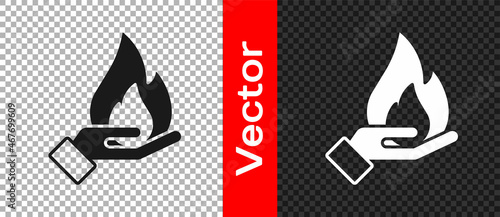 Black Hand holding a fire icon isolated on transparent background. Insurance concept. Security, safety, protection, protect concept. Vector