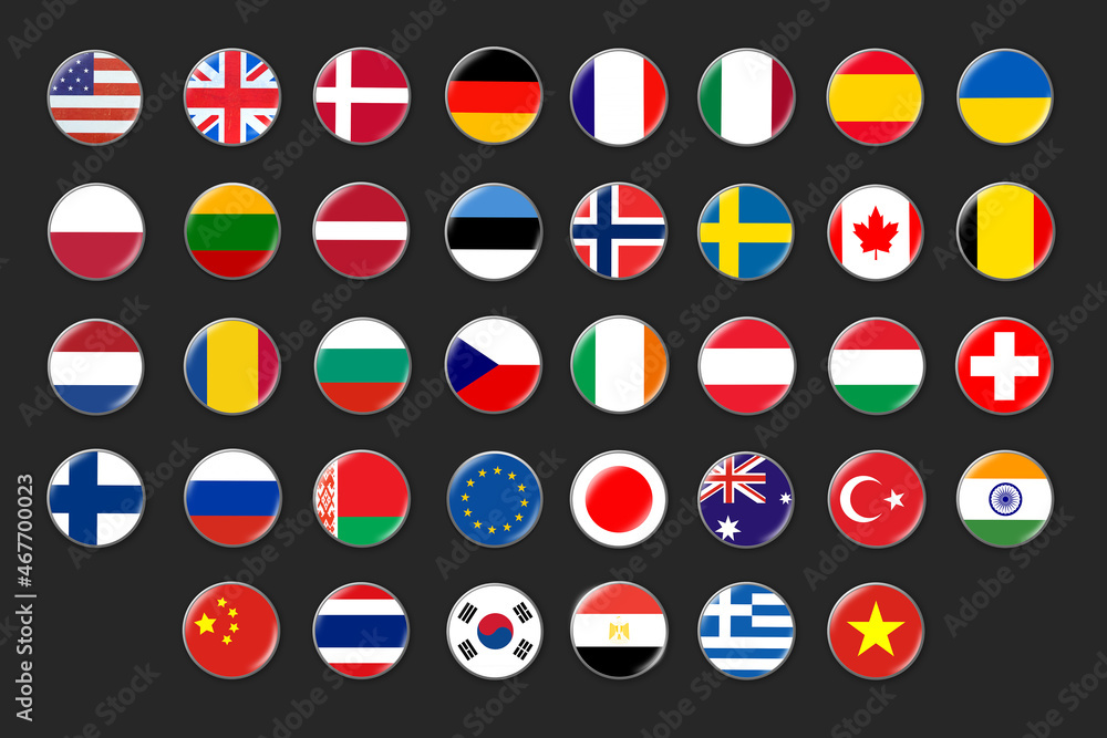 Set of round badges with flags of different countries. Isolated on a gray background.3D illustration.Design element. Signs and Symbols. Set of round badges with flags of different countries. Isolated on a gray background.3D illustration.Design element. Signs and Symbols.