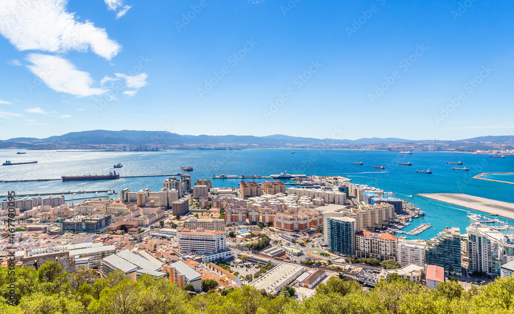 Gibraltar city and bay panorama view from the Rock of Gibraltar