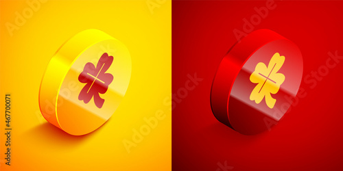 Isometric Casino slot machine with clover symbol icon isolated on orange and red background. Gambling games. Circle button. Vector