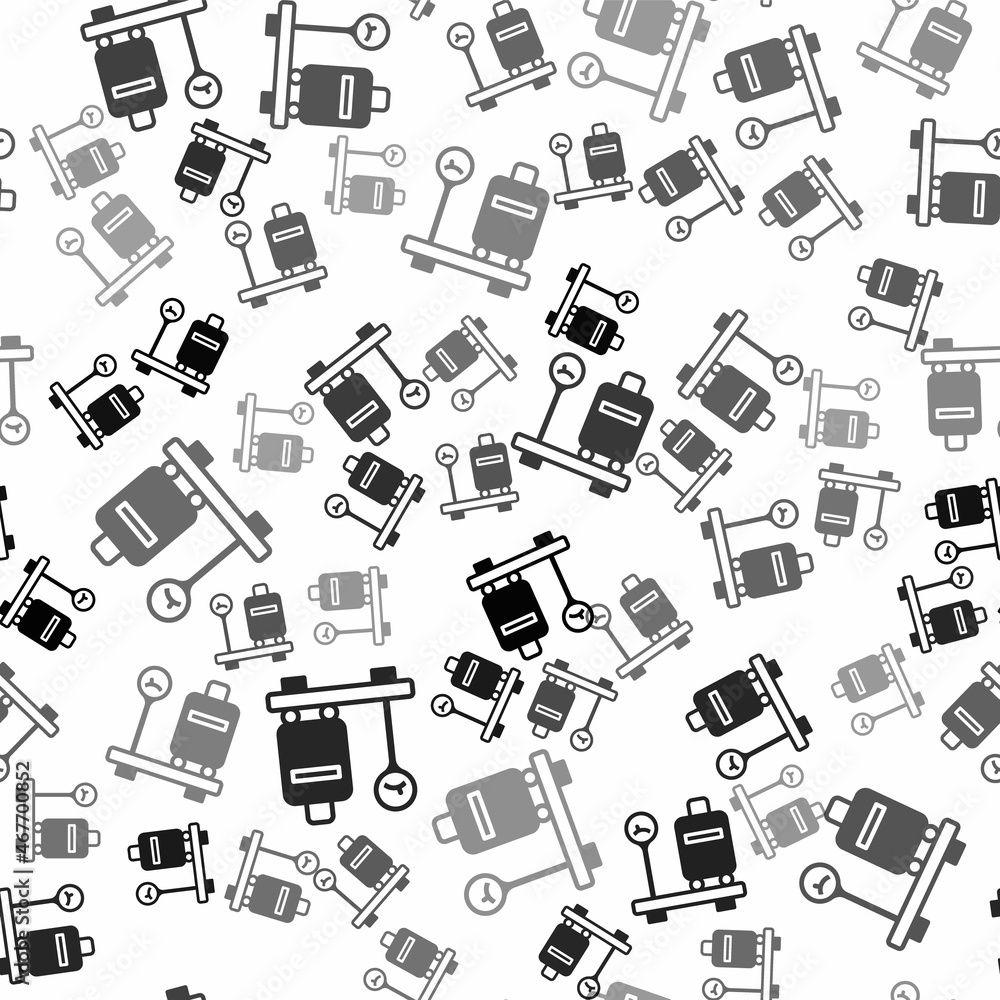 Black Scale with suitcase icon isolated seamless pattern on white background. Logistic and delivery. Weight of delivery package on a scale. Vector