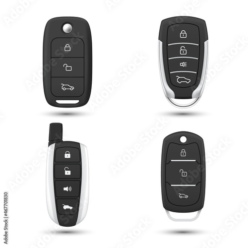 Realistic car remote key set vector illustration electronic device for distance automobile control