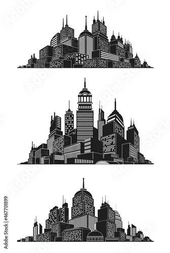 Monochrome modern cityscape silhouette set vector isometric illustration. Night downtown megapolis