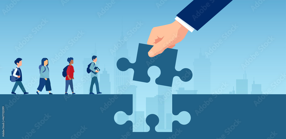 Vector of a teacher hand holding puzzle piece bridging the gap in primary education for children - obrazy, fototapety, plakaty 