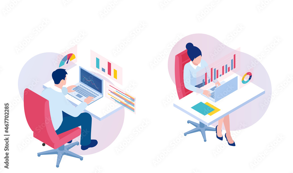 Fototapeta premium Vector of a man and a woman working on laptop interacting with graphs analysing financial data