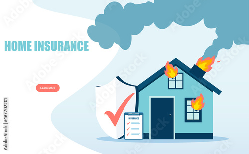 Vector of a burning house on fire with insurance policy for protection from disaster