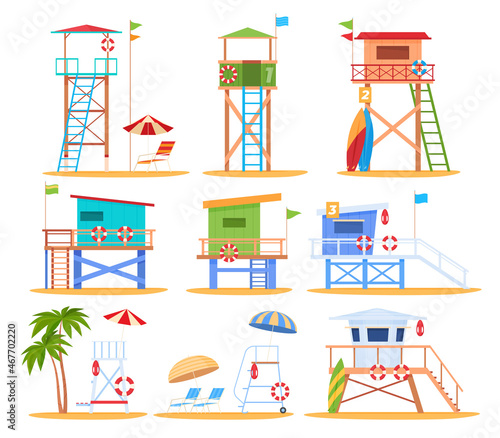 Observation deck at beach with lifeguard tower set vector flat illustration lifequarder construction