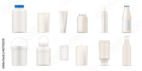 Realistic packaging blank mayonnaise set vector illustration doypack, glass bottle, plastic basket