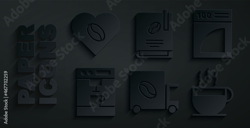 Set Coffee street truck machine, paper filter, cup, book and Lovers icon. Vector
