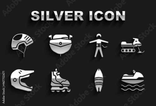 Set Roller skate, Snowmobile, Jet ski, Surfboard, Motocross motorcycle helmet, Bungee jumping, Helmet and Speedboat icon. Vector