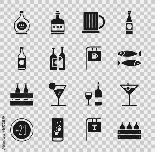 Set Bottles of wine in a wooden box, Martini glass, Dried fish, Wooden beer mug, Beer bottle, cognac or brandy and Street signboard with Bar icon. Vector