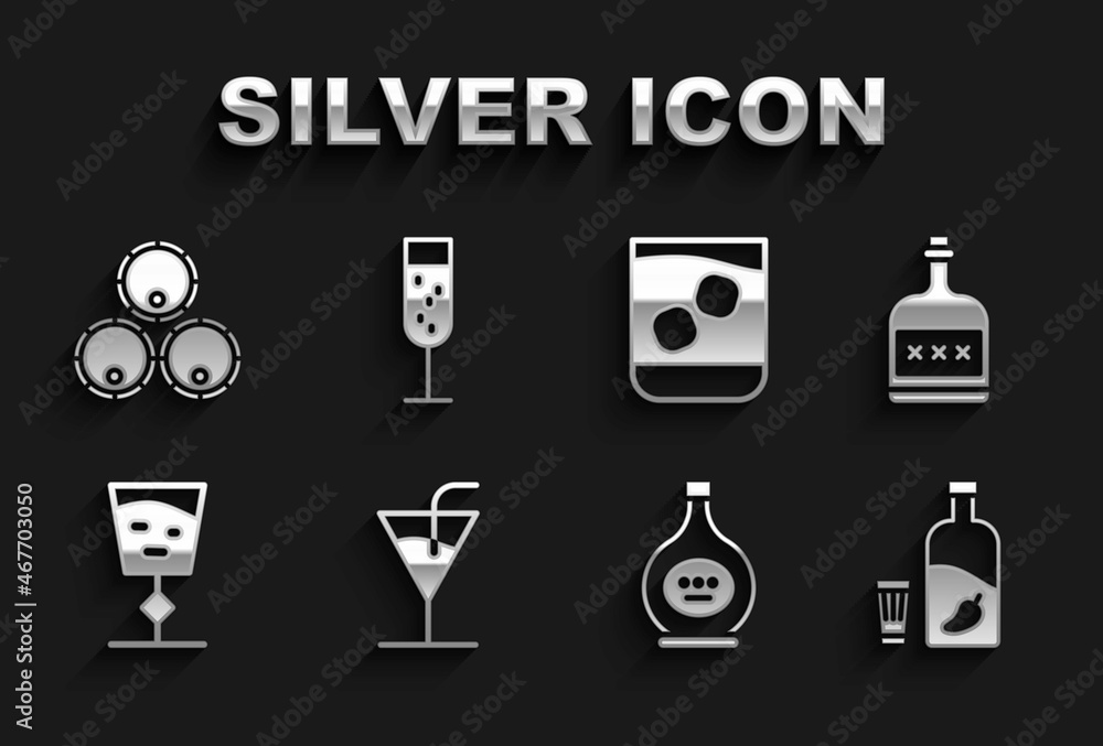 Set Cocktail, Alcohol drink Rum bottle, Vodka with pepper and glass, Bottle of cognac or brandy, Wine, Glass whiskey, Wooden barrels and champagne icon. Vector Set Cocktail, Alcohol drink Rum bottle, Vodka with pepper and glass, Bottle of cognac or brandy, Wine, Glass whiskey, Wooden barrels and champagne icon. Vector