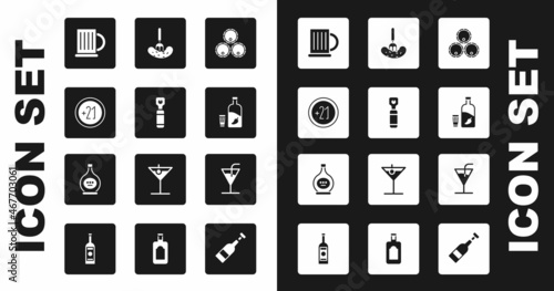 Set Wooden barrels, Bottle opener, Alcohol 21 plus, beer mug, Vodka with pepper and glass, Pickled cucumber on fork, Cocktail and of cognac brandy icon. Vector