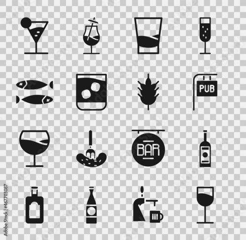 Set Wine glass, Glass bottle of vodka, Street signboard with Pub, whiskey, Dried fish, Martini and Hop icon. Vector