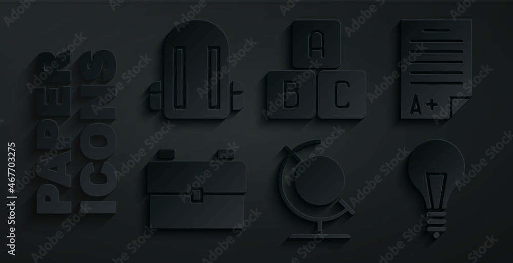 Set Earth globe, Exam sheet with A plus grade, School backpack, Light bulb concept of idea, ABC blocks and icon. Vector Set Earth globe, Exam sheet with A plus grade, School backpack, Light bulb concept of idea, ABC blocks and icon. Vector