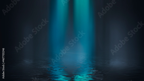 Futuristic fantasy night landscape with abstract landscape and island, moonlight, radiance, neon. Dark natural scene with light reflection in water. Neon space galaxy portal. 3D illustration. 