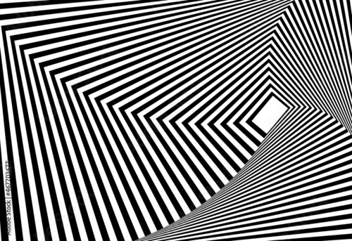 optical illusion distortion space hallway background. abstract geometric black and white line pattern design 