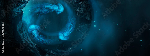 Underwater fantasy world. The dark bottom of the ocean, the abyss. Underwater rocks and tunnels. Underwater landscape. Neon sea jellyfish at the bottom of the sea. Dark natural marine background. 3D 