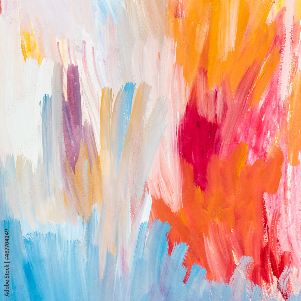 abstract square colorful composition of brushstrokes hand painted with light gouache paints on white paper
