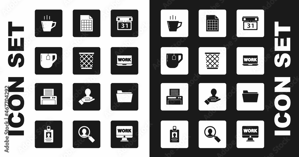 Set Calendar, Trash can, Cup of tea with tea bag, Coffee cup, Laptop text work, File document, Document folder and Printer icon. Vector Set Calendar, Trash can, Cup of tea with tea bag, Coffee cup, Laptop text work, File document, Document folder and Printer icon. Vector