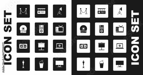 Set Movie spotlight, Remote control, CD or DVD disk, Rope barrier, Retro tv, clapper, Online play video and VHS cassette tape icon. Vector