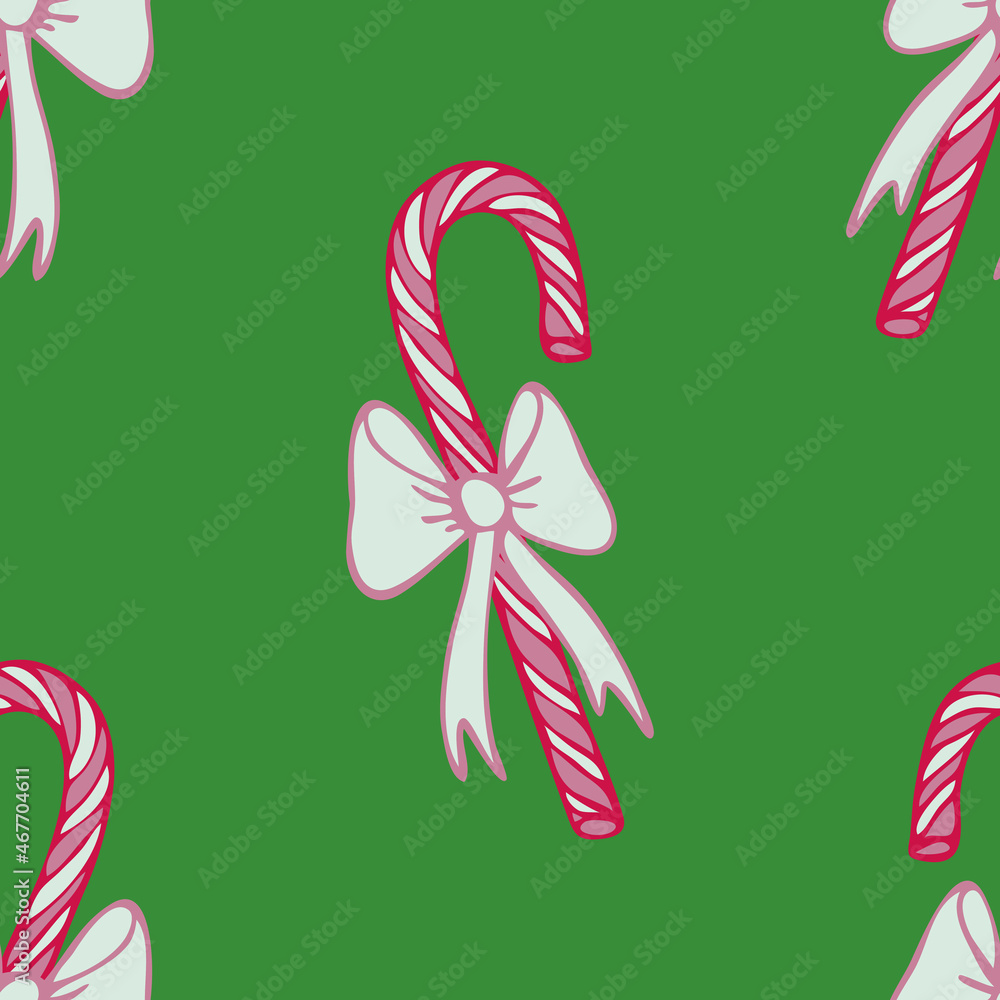 Seamless vector pattern with candy canes on green background. Simple Christmas sweet wallpaper design. Decorative winter season fashion textile.
