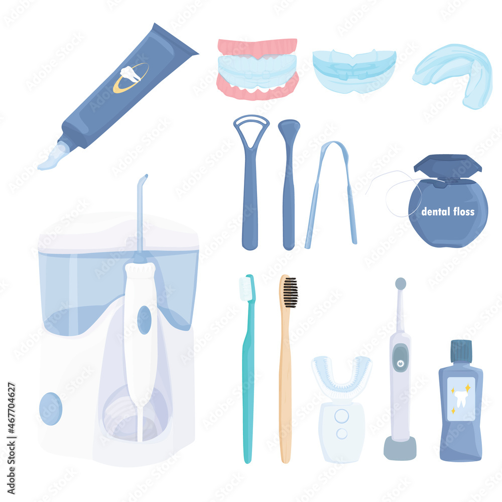 set of oral hygiene products isolated on white background. brushing teeth, tongue and gums. dental care. irrigator, toothbrushes, mouth guard. dentist. vector flat. set of oral hygiene products isolated on white background. brushing teeth, tongue and gums. dental care. irrigator, toothbrushes, mouth guard. dentist. vector flat.