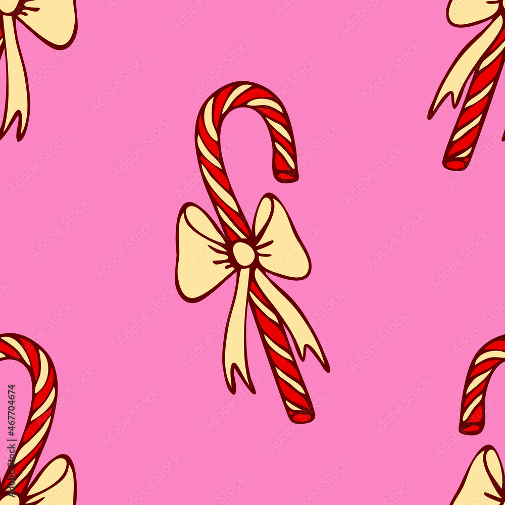 Seamless vector pattern with Christmas candy cane on pink background. Simple winter festive wallpaper design. Decorative lollipop fashion textile. Seamless vector pattern with Christmas candy cane on pink background. Simple winter festive wallpaper design. Decorative lollipop fashion textile.
