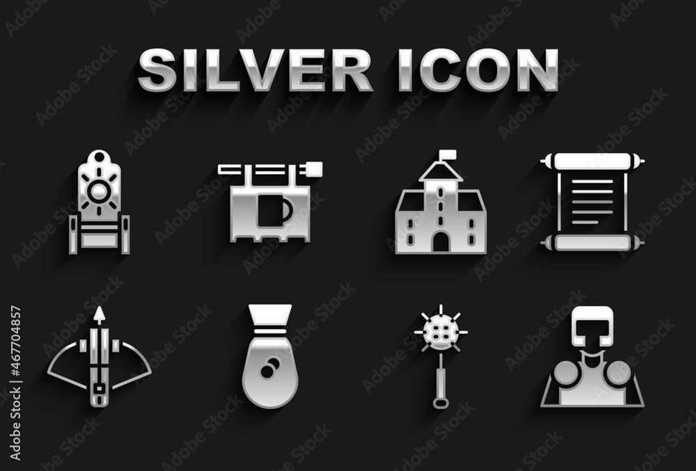Set Old money bag, Decree, parchment, scroll, Medieval knight, chained mace ball, Battle crossbow with arrow, Castle, fortress, throne and Street signboard Bar icon. Vector Set Old money bag, Decree, parchment, scroll, Medieval knight, chained mace ball, Battle crossbow with arrow, Castle, fortress, throne and Street signboard Bar icon. Vector