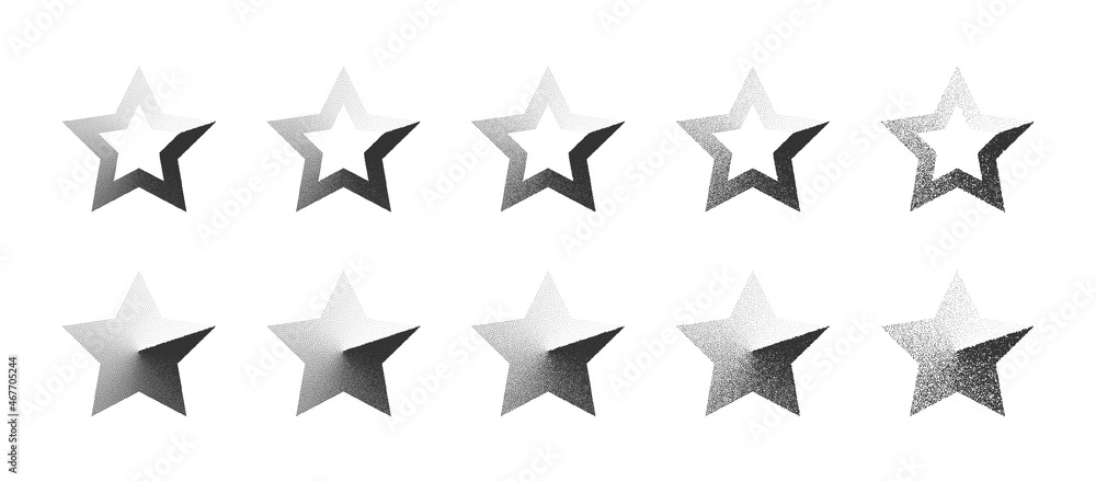 Star Shape Stippled Clockwise Gradient Hand Drawn Dotwork Vector Abstract Shapes Set In Different Variations Isolated On White Background. Various Degree Black Noise Dotted Design Elements Collection Star Shape Stippled Clockwise Gradient Hand Drawn Dotwork Vector Abstract Shapes Set In Different Variations Isolated On White Background. Various Degree Black Noise Dotted Design Elements Collection