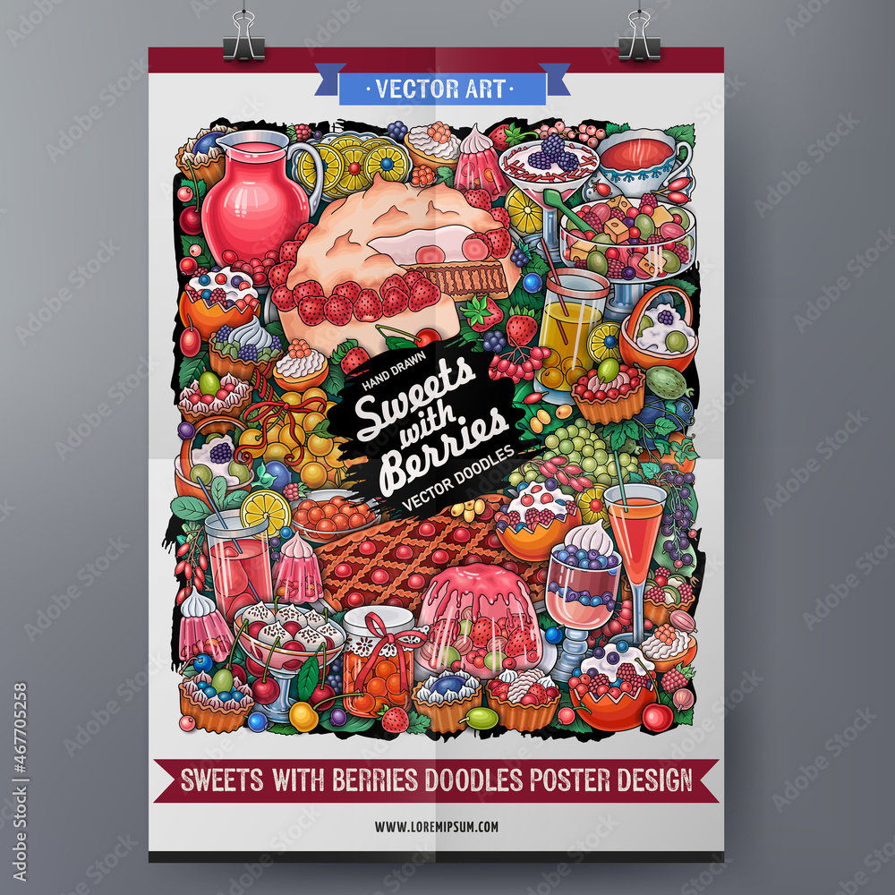 Cartoon vector doodle Sweets and Berries poster template.