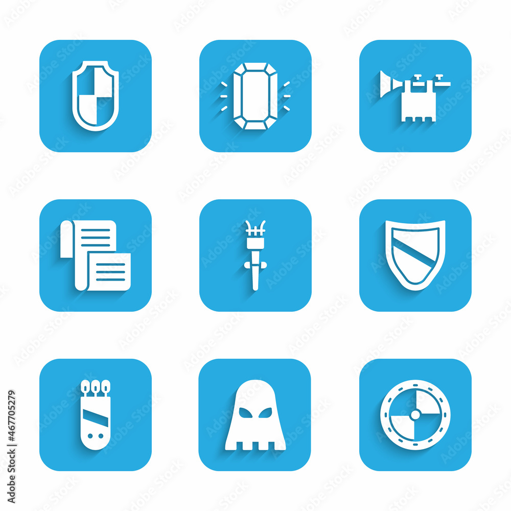Set Torch flame, Executioner mask, Round wooden shield, Shield, Quiver with arrows, Decree, parchment, scroll, Trumpet flag and icon. Vector Set Torch flame, Executioner mask, Round wooden shield, Shield, Quiver with arrows, Decree, parchment, scroll, Trumpet flag and icon. Vector